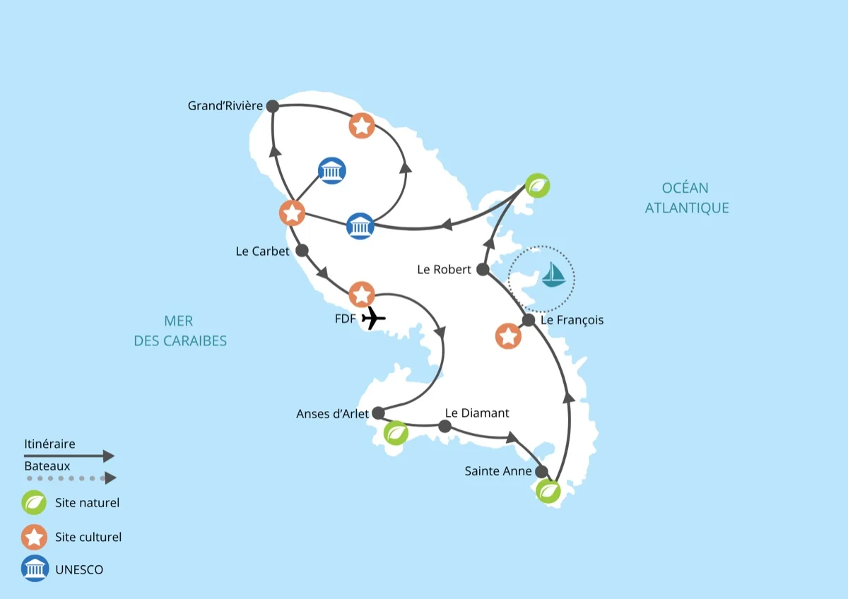 Carte itinéraire Martinique — sites naturels, culturels et UNESCO
